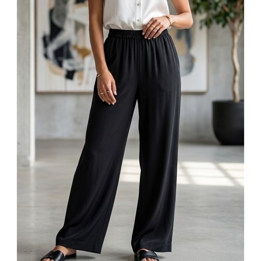 Simply Silk M Black Washable Silk Wide Leg Elastic Waist Pants Flowy NEW